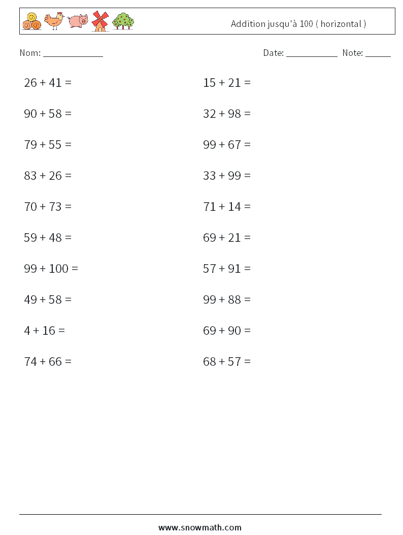 (20) Addition jusqu'à 100 ( horizontal ) Fiches d'Exercices de Mathématiques 2