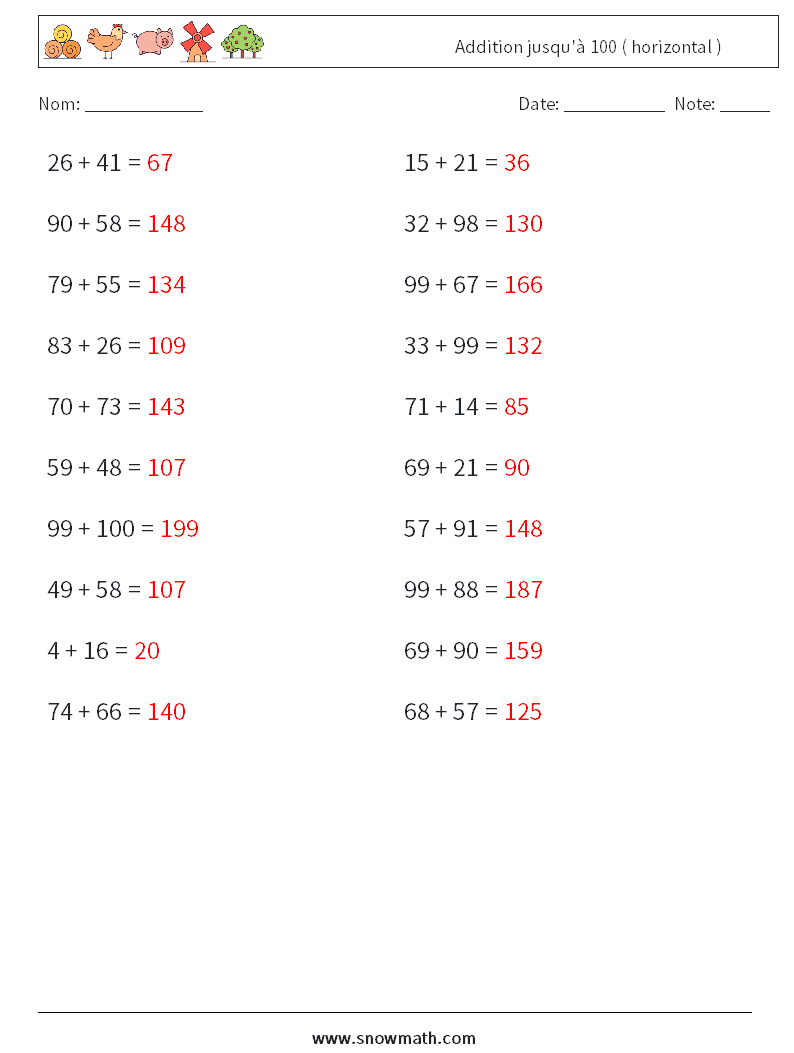 (20) Addition jusqu'à 100 ( horizontal ) Fiches d'Exercices de Mathématiques 2 Question, Réponse