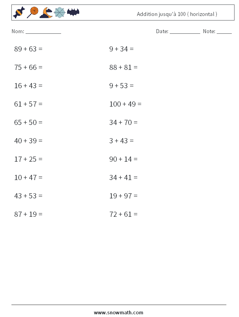 (20) Addition jusqu'à 100 ( horizontal ) Fiches d'Exercices de Mathématiques 3