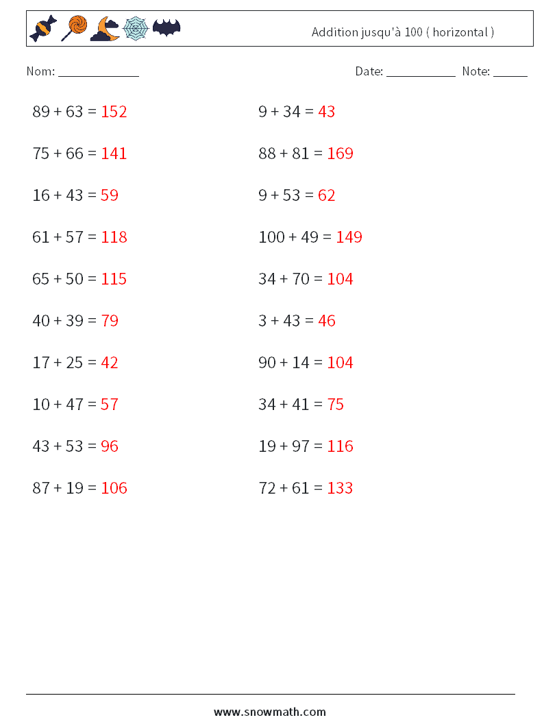 (20) Addition jusqu'à 100 ( horizontal ) Fiches d'Exercices de Mathématiques 3 Question, Réponse