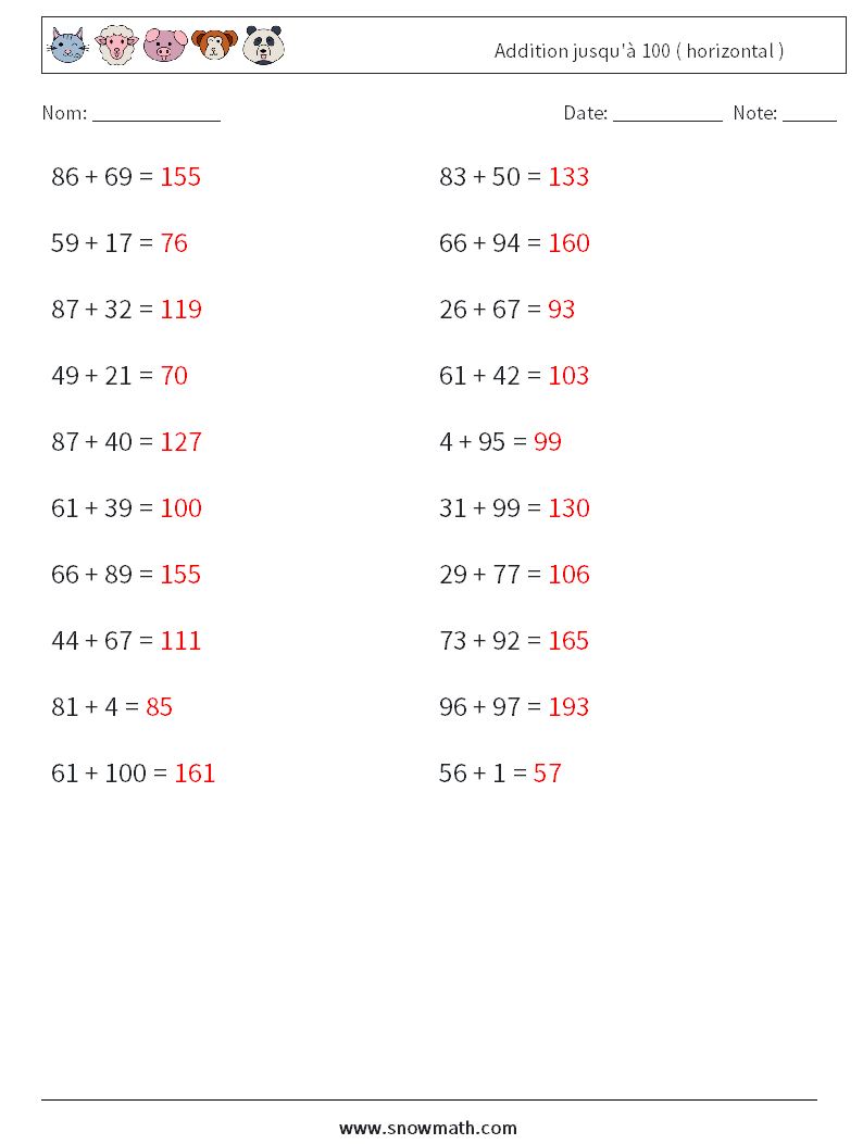 (20) Addition jusqu'à 100 ( horizontal ) Fiches d'Exercices de Mathématiques 4 Question, Réponse