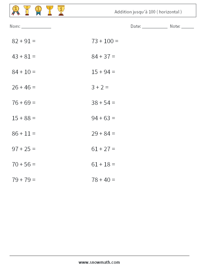 (20) Addition jusqu'à 100 ( horizontal ) Fiches d'Exercices de Mathématiques 5