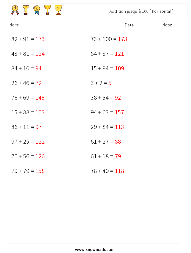 (20) Addition jusqu'à 100 ( horizontal ) Fiches d'Exercices de Mathématiques 5 Question, Réponse