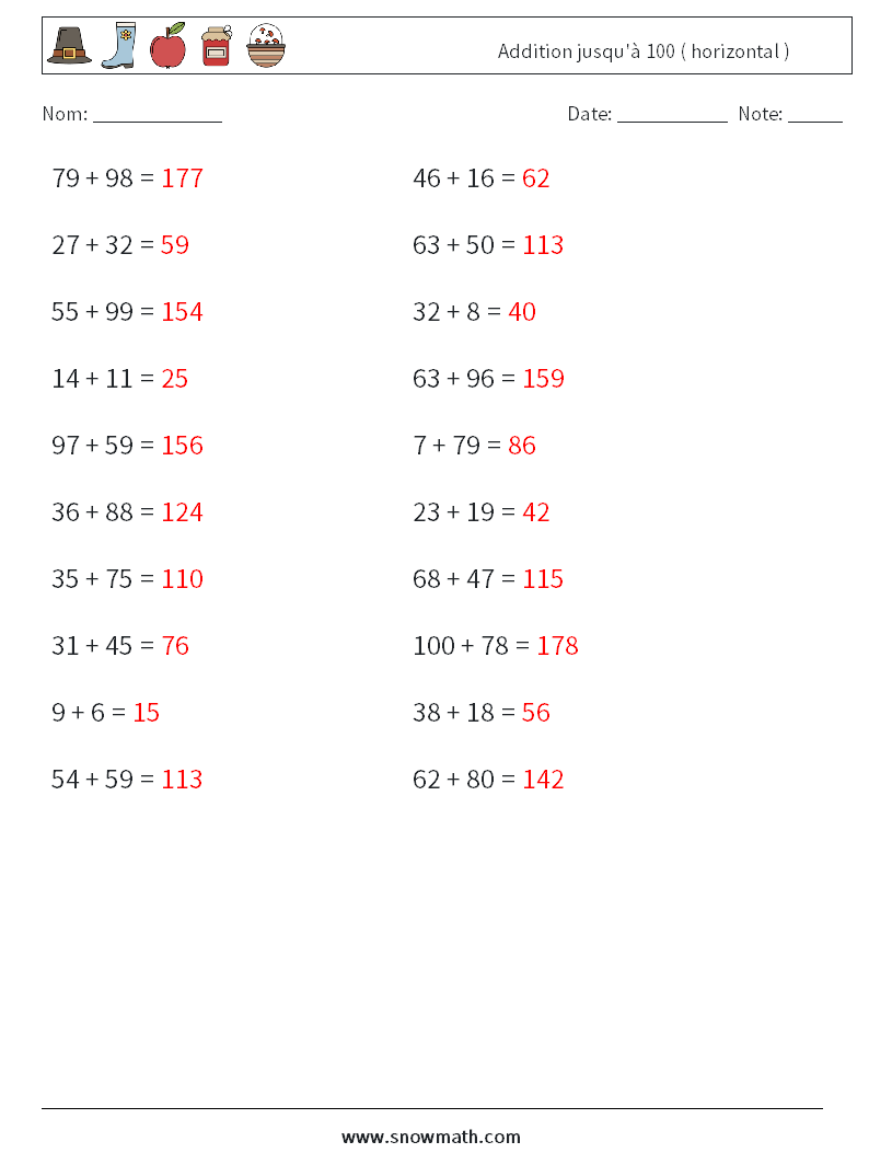 (20) Addition jusqu'à 100 ( horizontal ) Fiches d'Exercices de Mathématiques 6 Question, Réponse