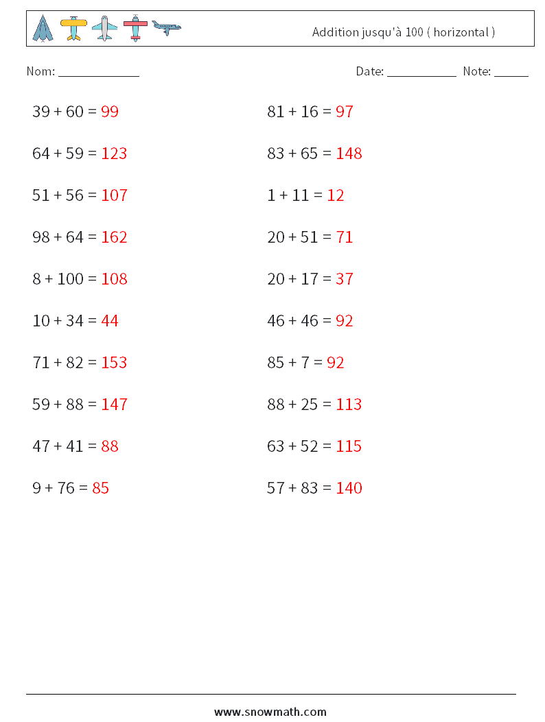 (20) Addition jusqu'à 100 ( horizontal ) Fiches d'Exercices de Mathématiques 7 Question, Réponse