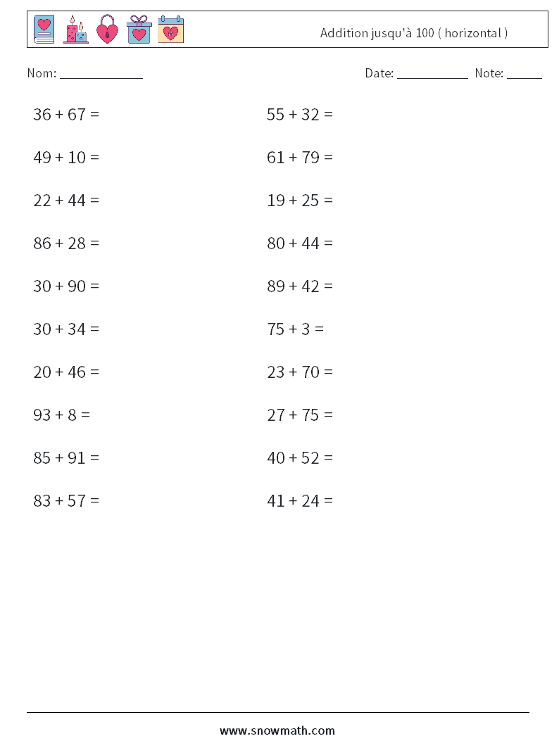 (20) Addition jusqu'à 100 ( horizontal ) Fiches d'Exercices de Mathématiques 8