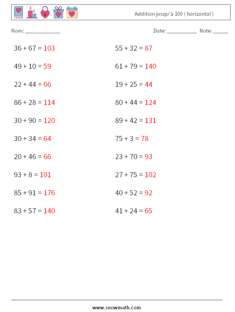 (20) Addition jusqu'à 100 ( horizontal ) Fiches d'Exercices de Mathématiques 8 Question, Réponse