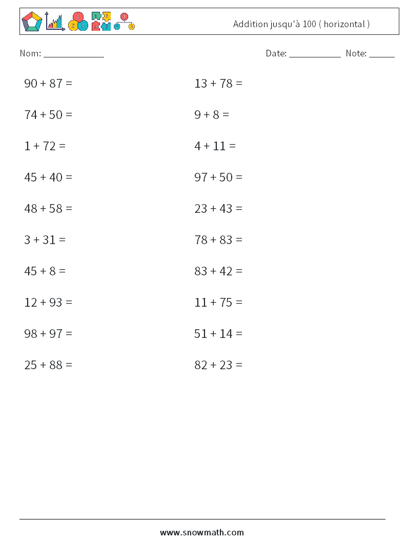 (20) Addition jusqu'à 100 ( horizontal ) Fiches d'Exercices de Mathématiques 9