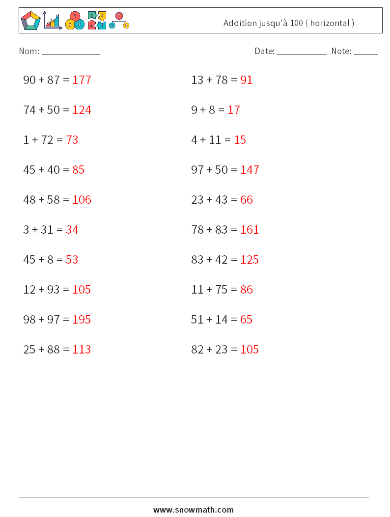 (20) Addition jusqu'à 100 ( horizontal ) Fiches d'Exercices de Mathématiques 9 Question, Réponse