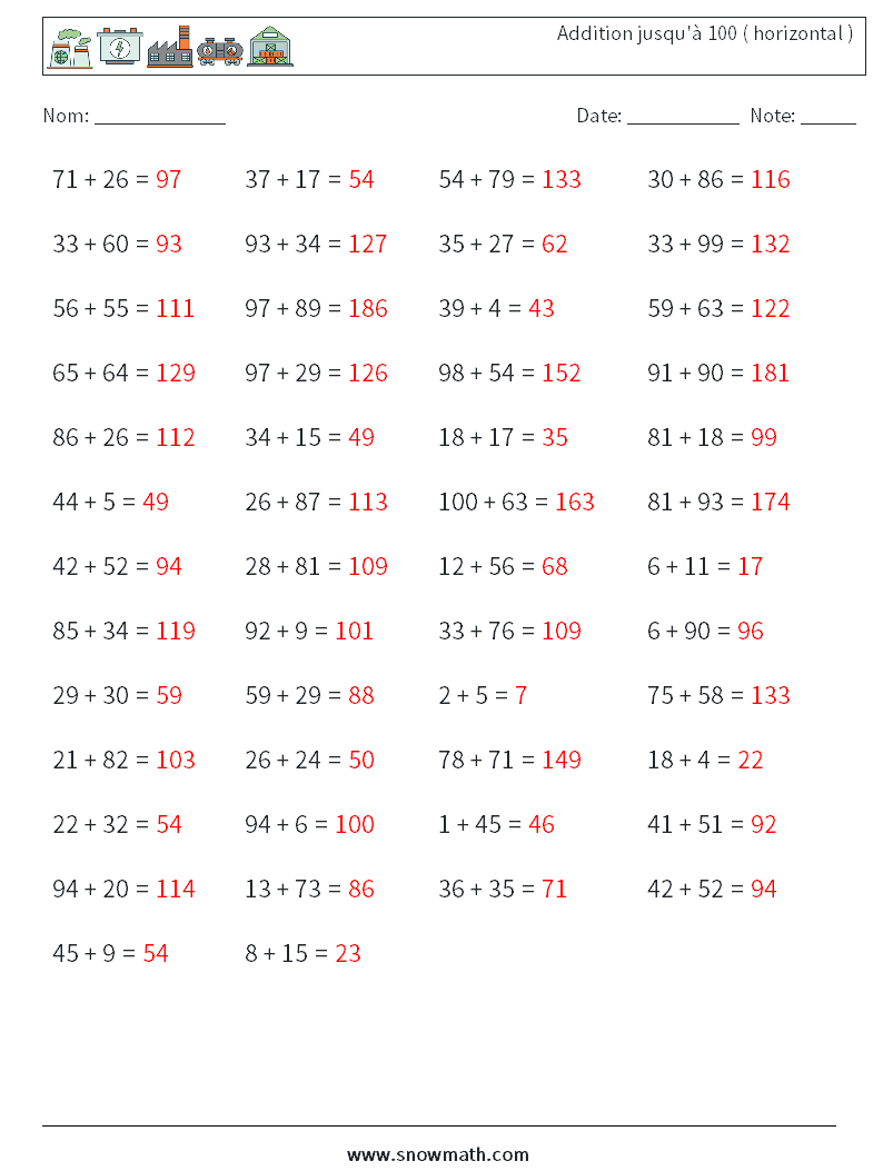 (50) Addition jusqu'à 100 ( horizontal ) Fiches d'Exercices de Mathématiques 1 Question, Réponse