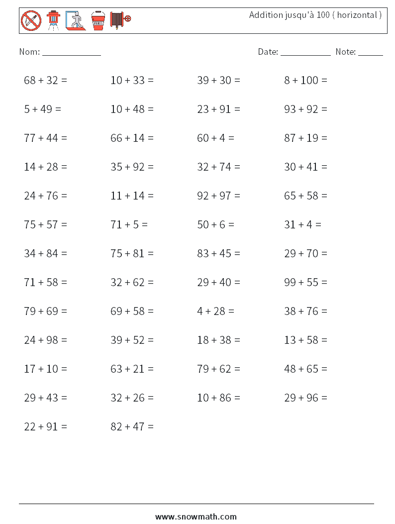 (50) Addition jusqu'à 100 ( horizontal ) Fiches d'Exercices de Mathématiques 2