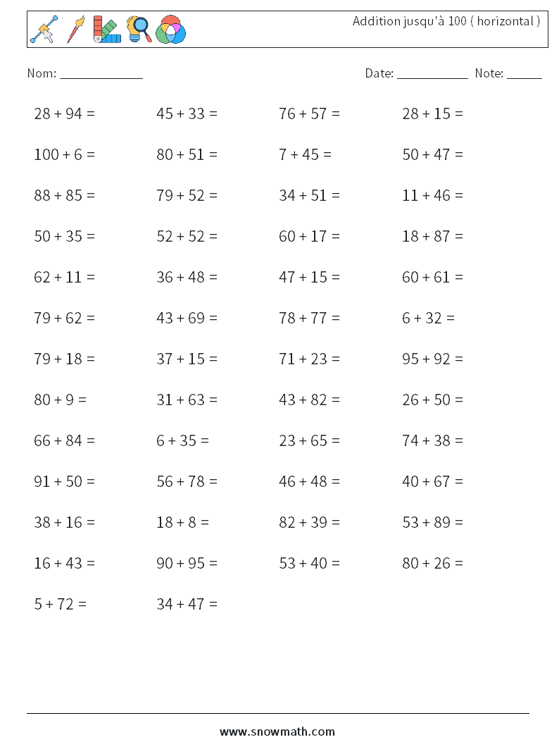 (50) Addition jusqu'à 100 ( horizontal ) Fiches d'Exercices de Mathématiques 3