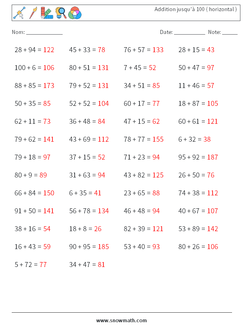 (50) Addition jusqu'à 100 ( horizontal ) Fiches d'Exercices de Mathématiques 3 Question, Réponse