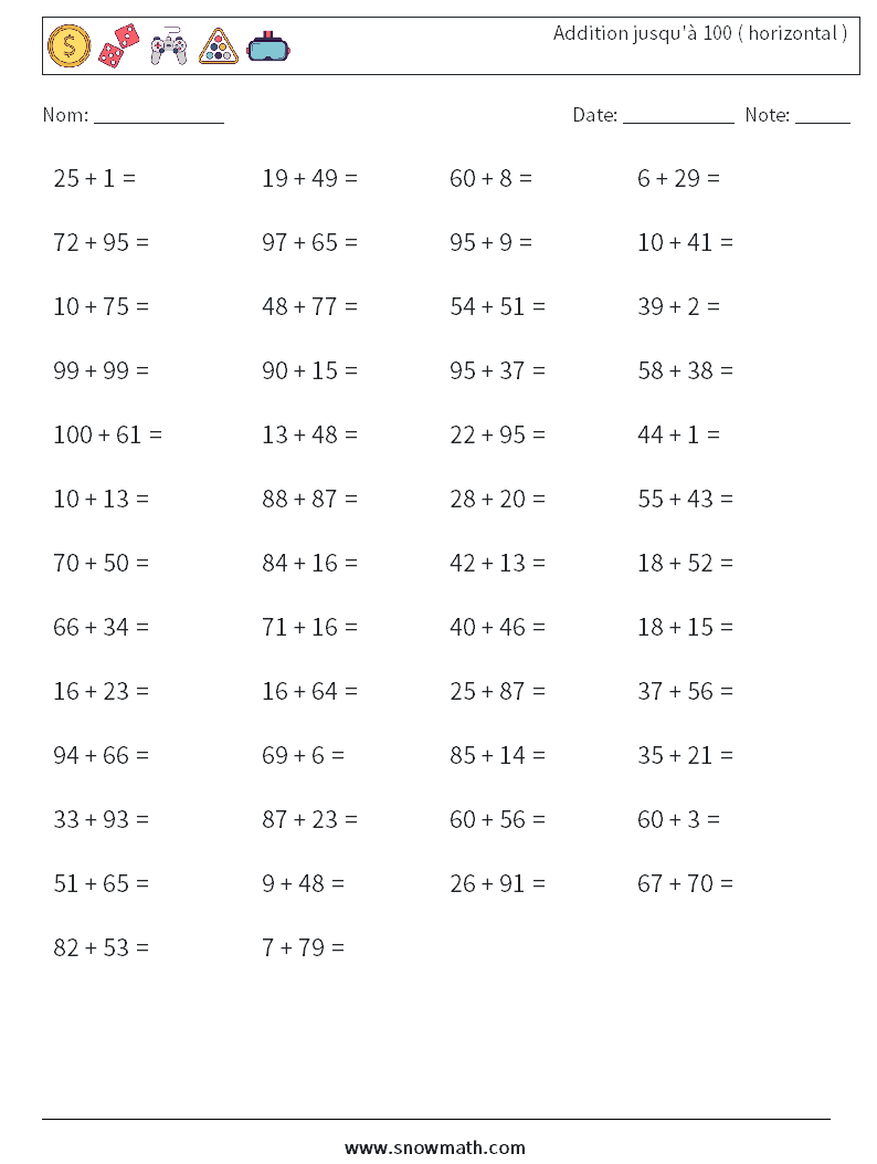 (50) Addition jusqu'à 100 ( horizontal ) Fiches d'Exercices de Mathématiques 4