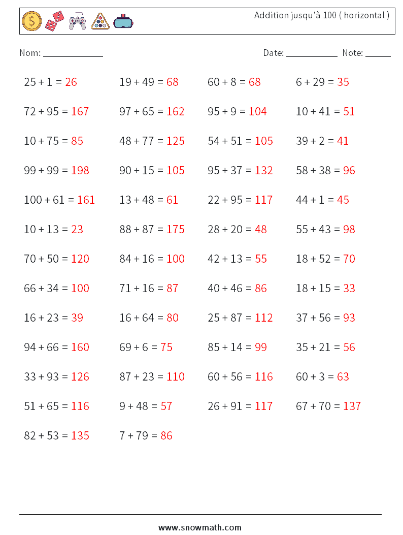 (50) Addition jusqu'à 100 ( horizontal ) Fiches d'Exercices de Mathématiques 4 Question, Réponse
