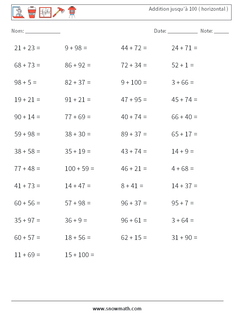 (50) Addition jusqu'à 100 ( horizontal ) Fiches d'Exercices de Mathématiques 5