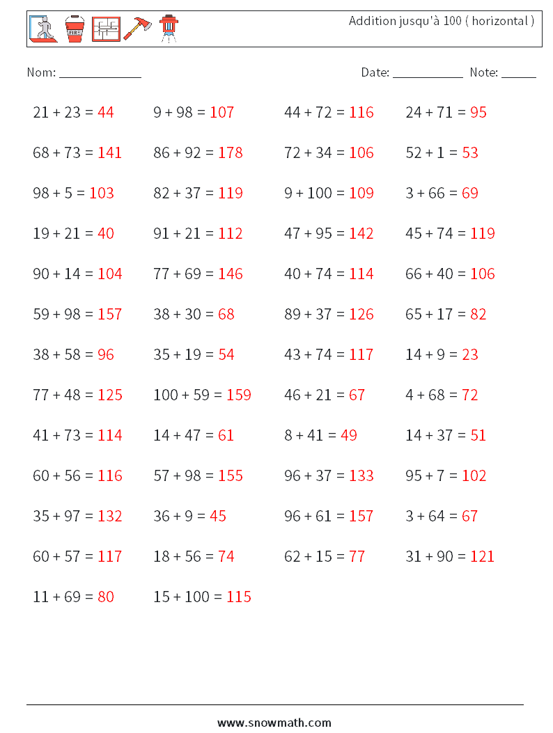 (50) Addition jusqu'à 100 ( horizontal ) Fiches d'Exercices de Mathématiques 5 Question, Réponse