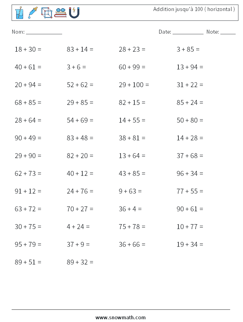 (50) Addition jusqu'à 100 ( horizontal ) Fiches d'Exercices de Mathématiques 6