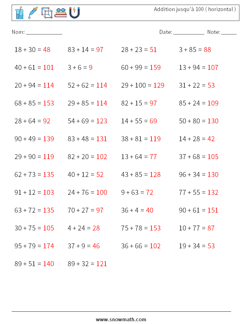 (50) Addition jusqu'à 100 ( horizontal ) Fiches d'Exercices de Mathématiques 6 Question, Réponse