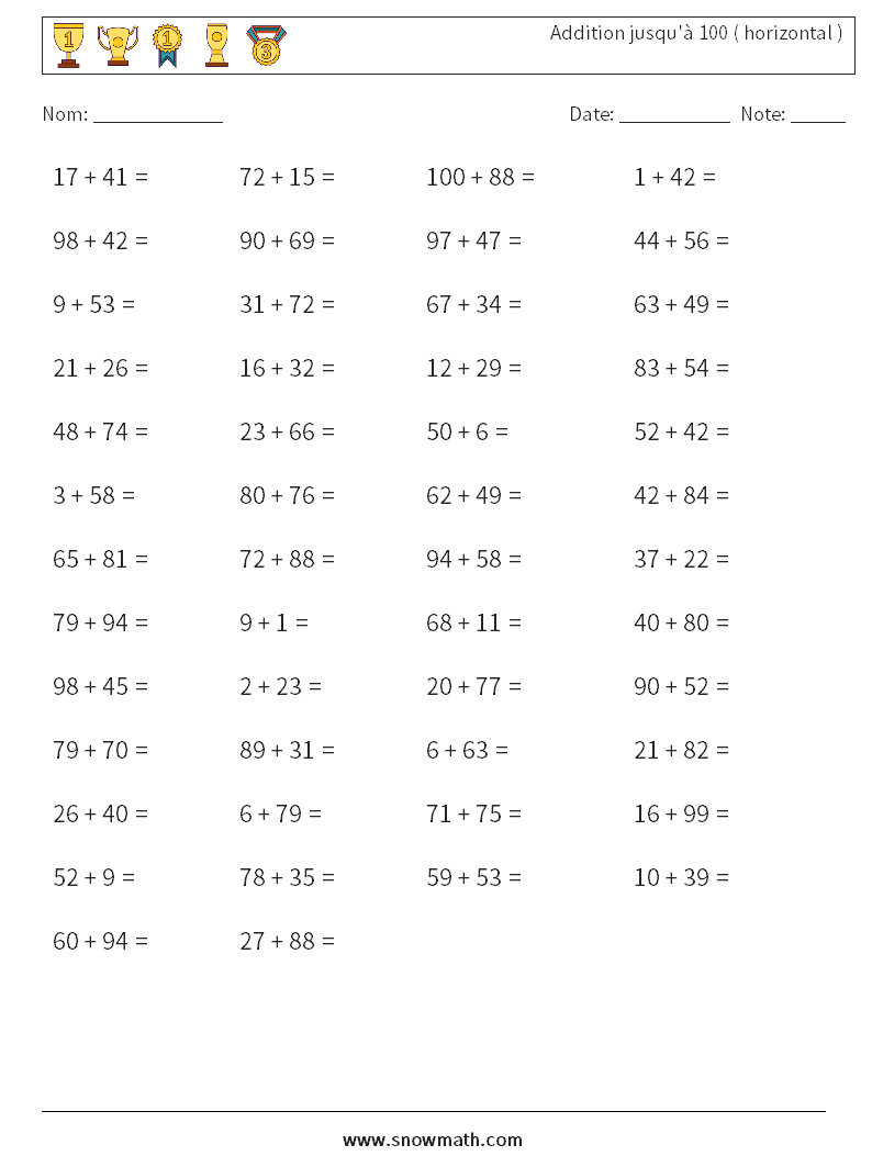 (50) Addition jusqu'à 100 ( horizontal ) Fiches d'Exercices de Mathématiques 7