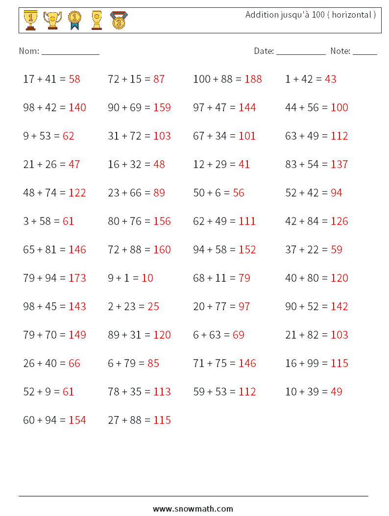 (50) Addition jusqu'à 100 ( horizontal ) Fiches d'Exercices de Mathématiques 7 Question, Réponse