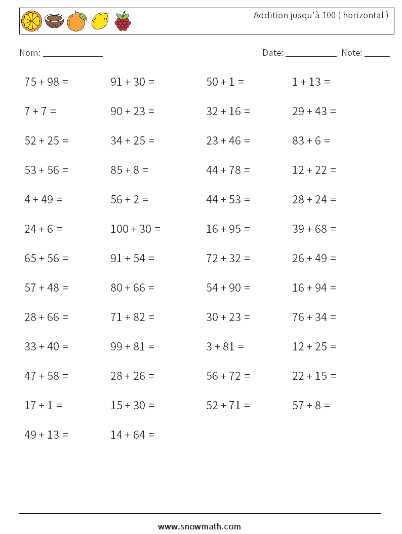 (50) Addition jusqu'à 100 ( horizontal ) Fiches d'Exercices de Mathématiques 8