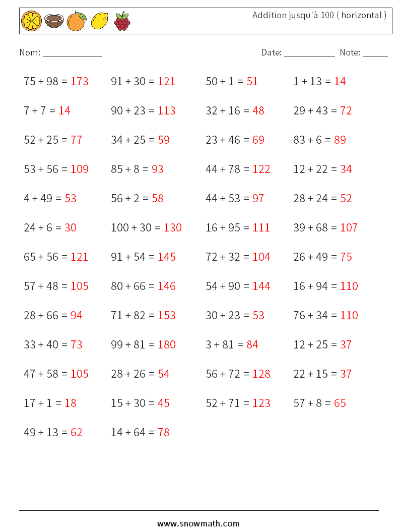 (50) Addition jusqu'à 100 ( horizontal ) Fiches d'Exercices de Mathématiques 8 Question, Réponse