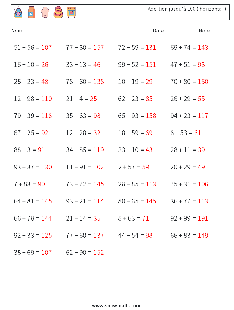 (50) Addition jusqu'à 100 ( horizontal ) Fiches d'Exercices de Mathématiques 9 Question, Réponse