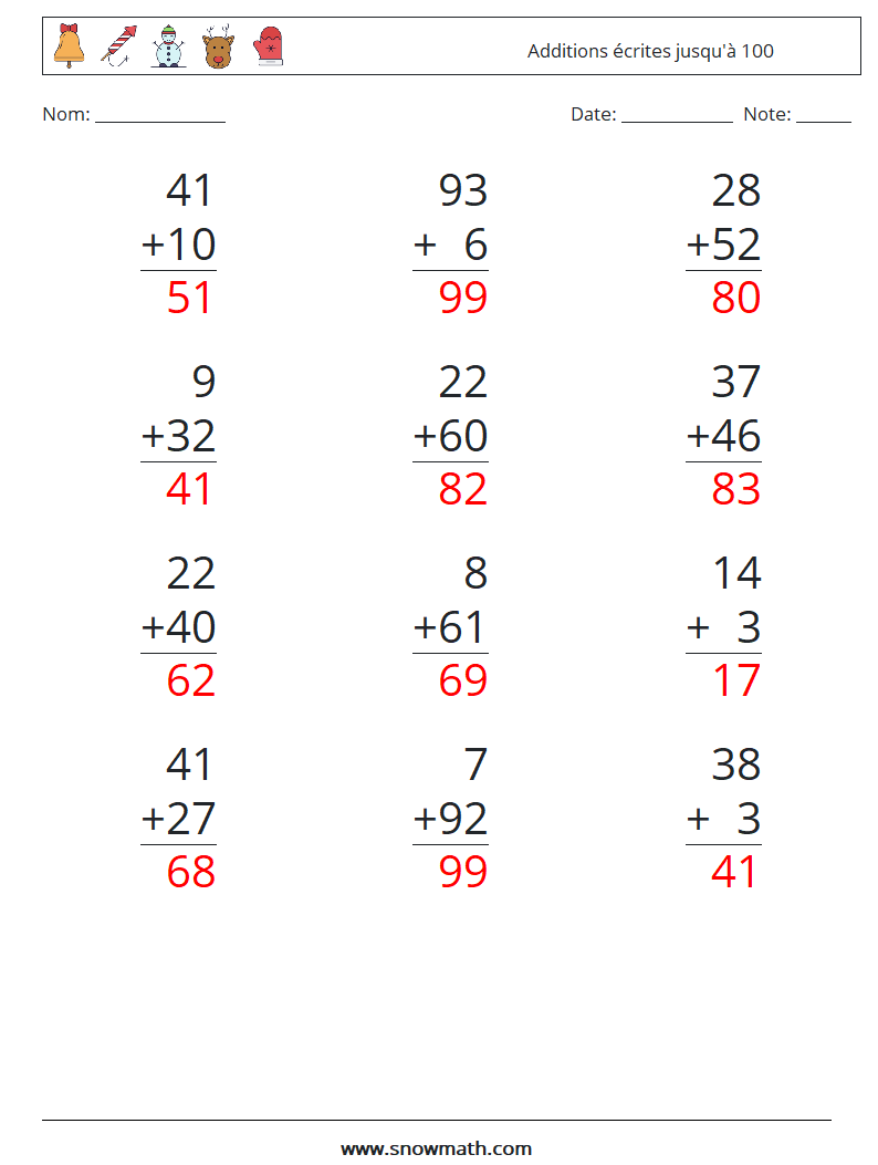 (12) Additions écrites jusqu'à 100 Fiches d'Exercices de Mathématiques 10 Question, Réponse