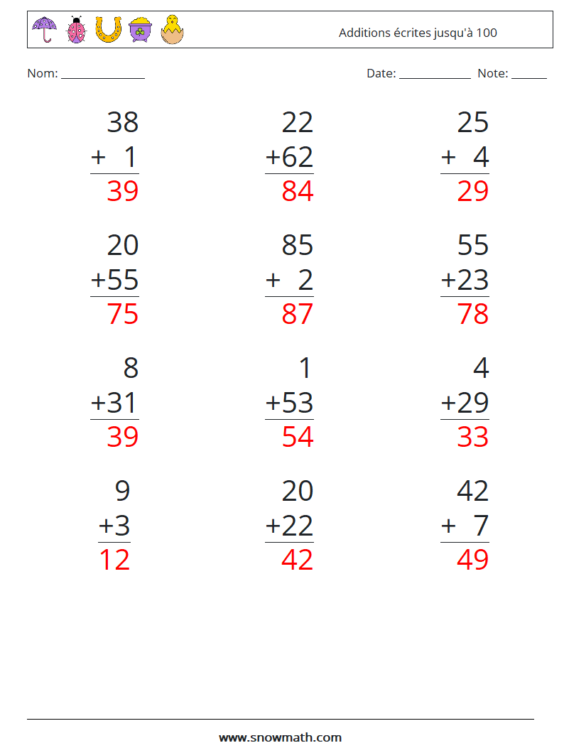 (12) Additions écrites jusqu'à 100 Fiches d'Exercices de Mathématiques 12 Question, Réponse