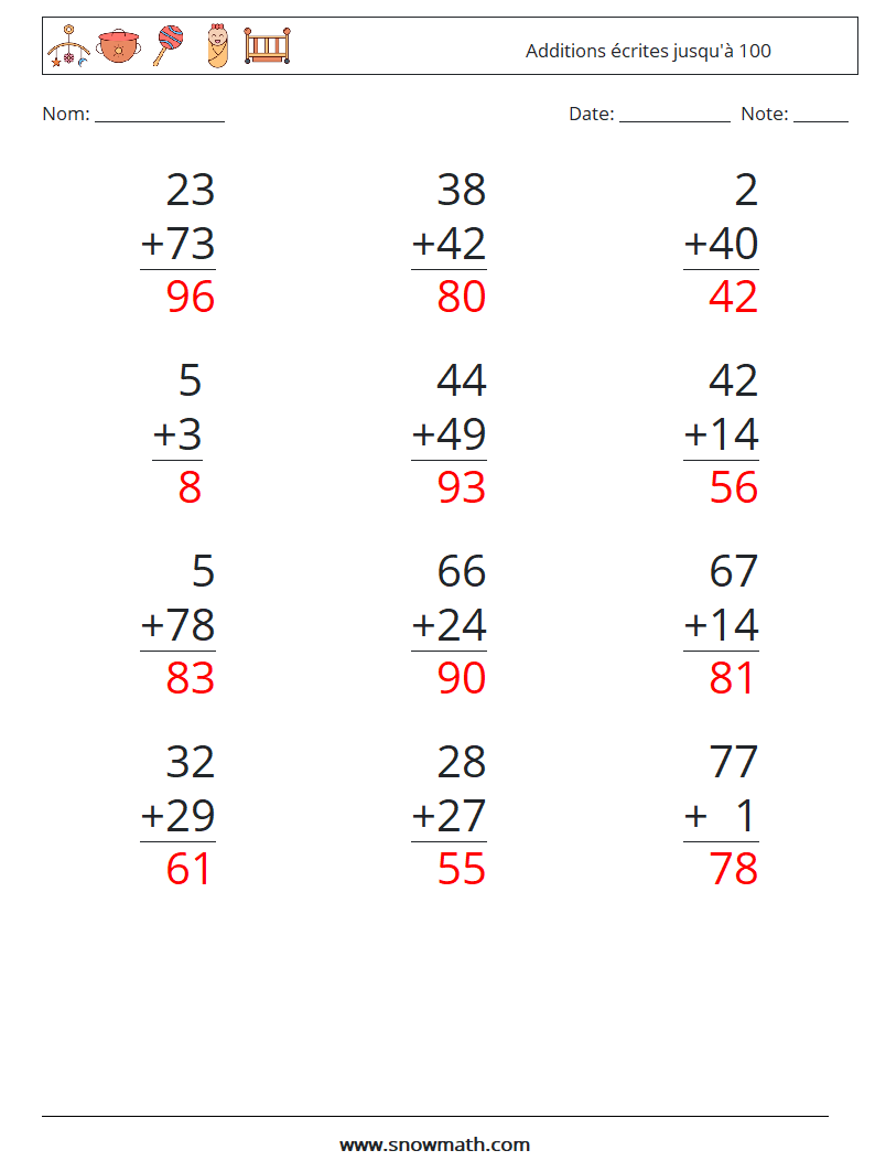 (12) Additions écrites jusqu'à 100 Fiches d'Exercices de Mathématiques 15 Question, Réponse