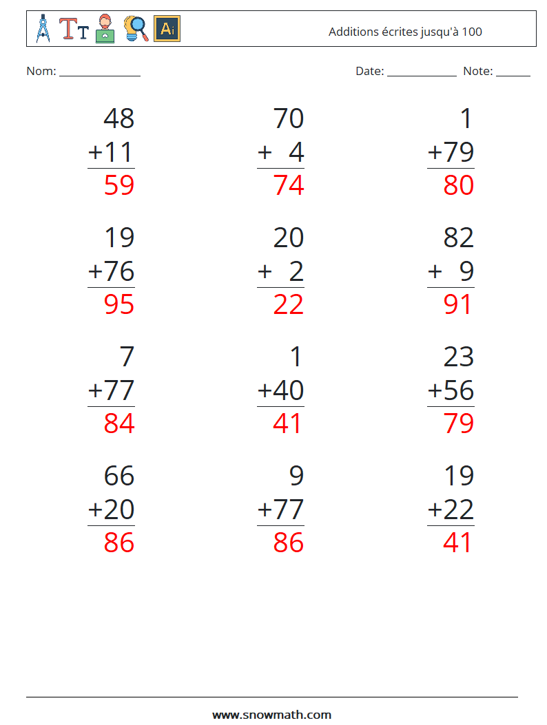 (12) Additions écrites jusqu'à 100 Fiches d'Exercices de Mathématiques 18 Question, Réponse