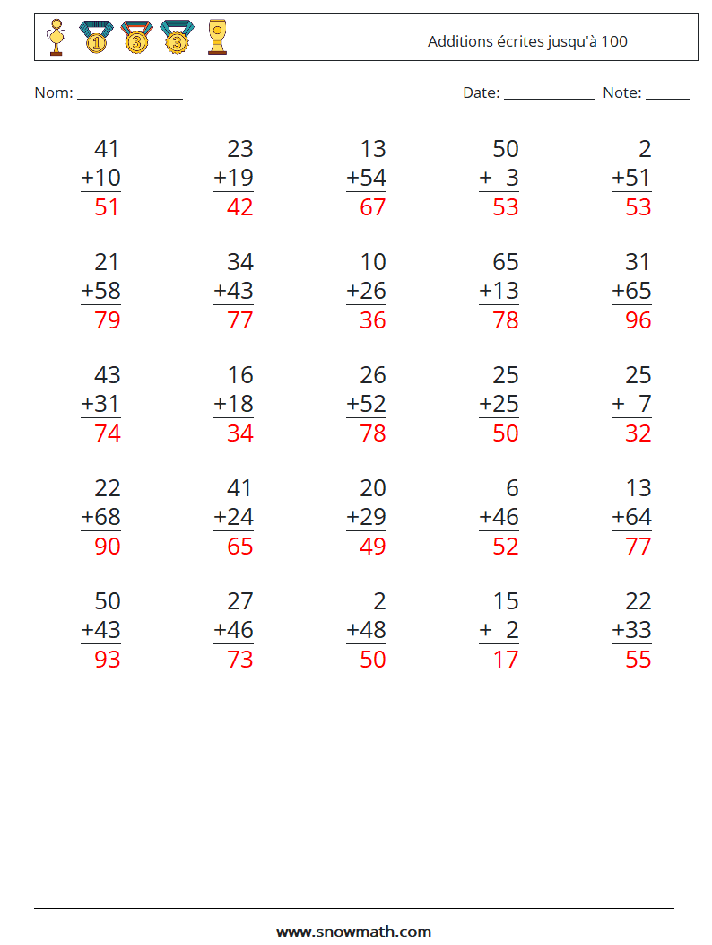 (25) Additions écrites jusqu'à 100 Fiches d'Exercices de Mathématiques 10 Question, Réponse