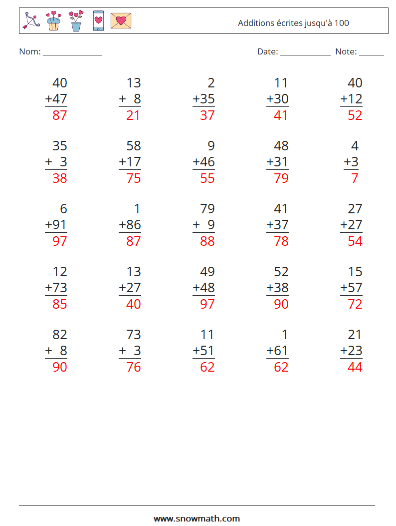 (25) Additions écrites jusqu'à 100 Fiches d'Exercices de Mathématiques 11 Question, Réponse