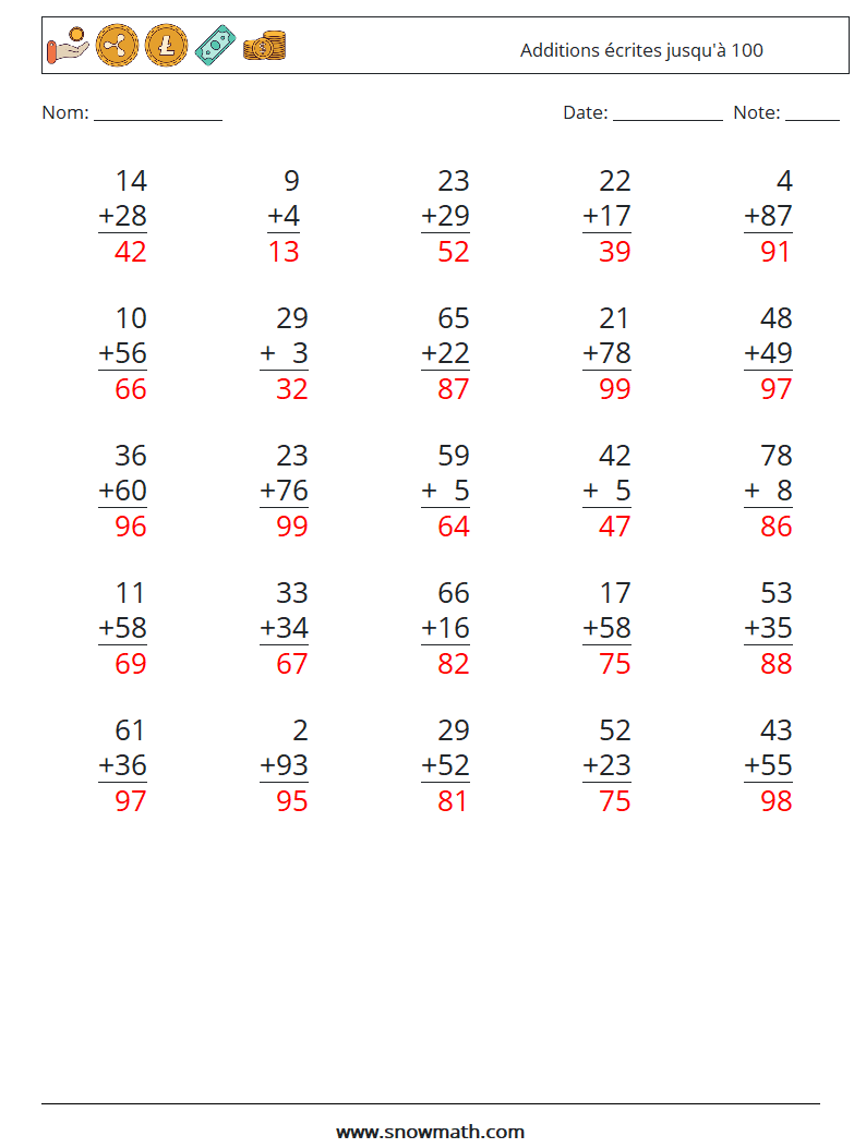 (25) Additions écrites jusqu'à 100 Fiches d'Exercices de Mathématiques 12 Question, Réponse