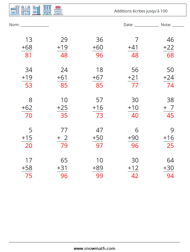 (25) Additions écrites jusqu'à 100 Fiches d'Exercices de Mathématiques 14 Question, Réponse