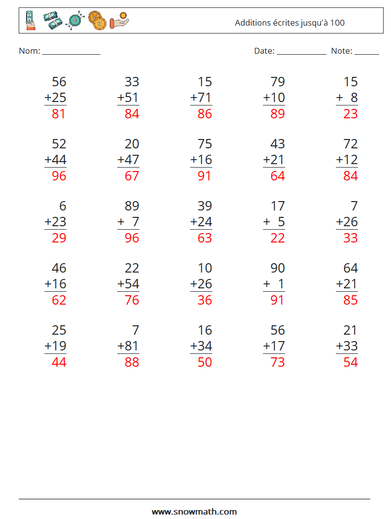 (25) Additions écrites jusqu'à 100 Fiches d'Exercices de Mathématiques 15 Question, Réponse