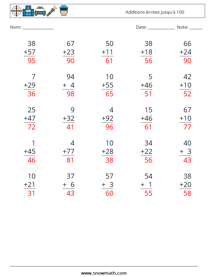 (25) Additions écrites jusqu'à 100 Fiches d'Exercices de Mathématiques 16 Question, Réponse