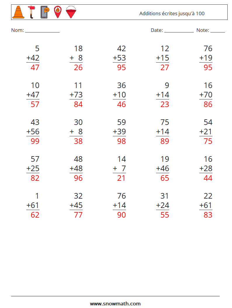 (25) Additions écrites jusqu'à 100 Fiches d'Exercices de Mathématiques 18 Question, Réponse