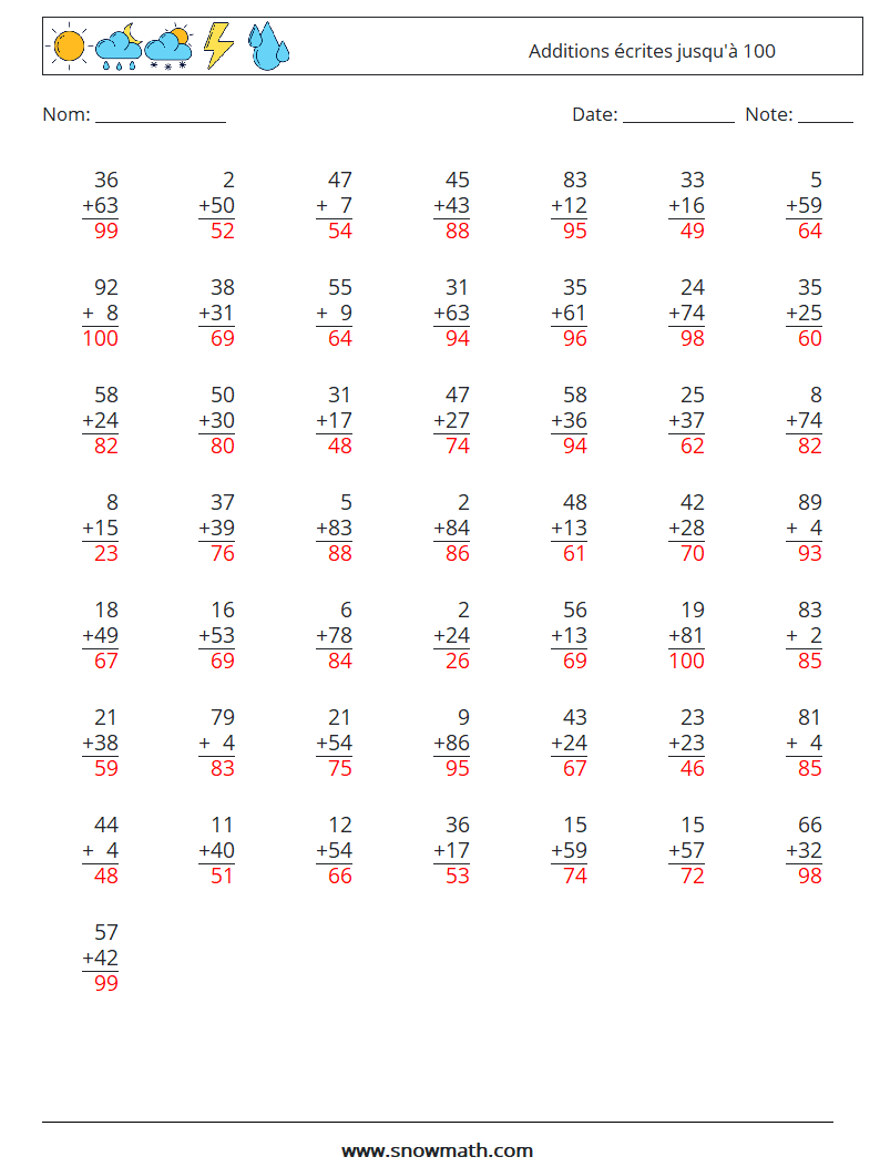 (50) Additions écrites jusqu'à 100 Fiches d'Exercices de Mathématiques 12 Question, Réponse