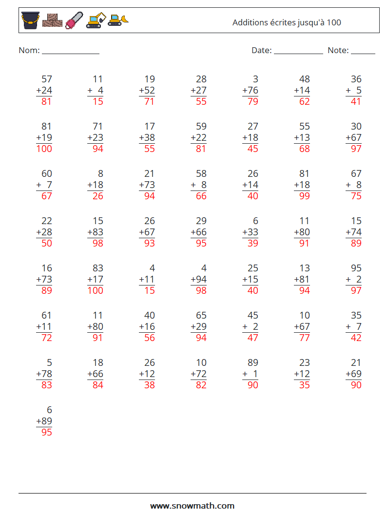 (50) Additions écrites jusqu'à 100 Fiches d'Exercices de Mathématiques 15 Question, Réponse