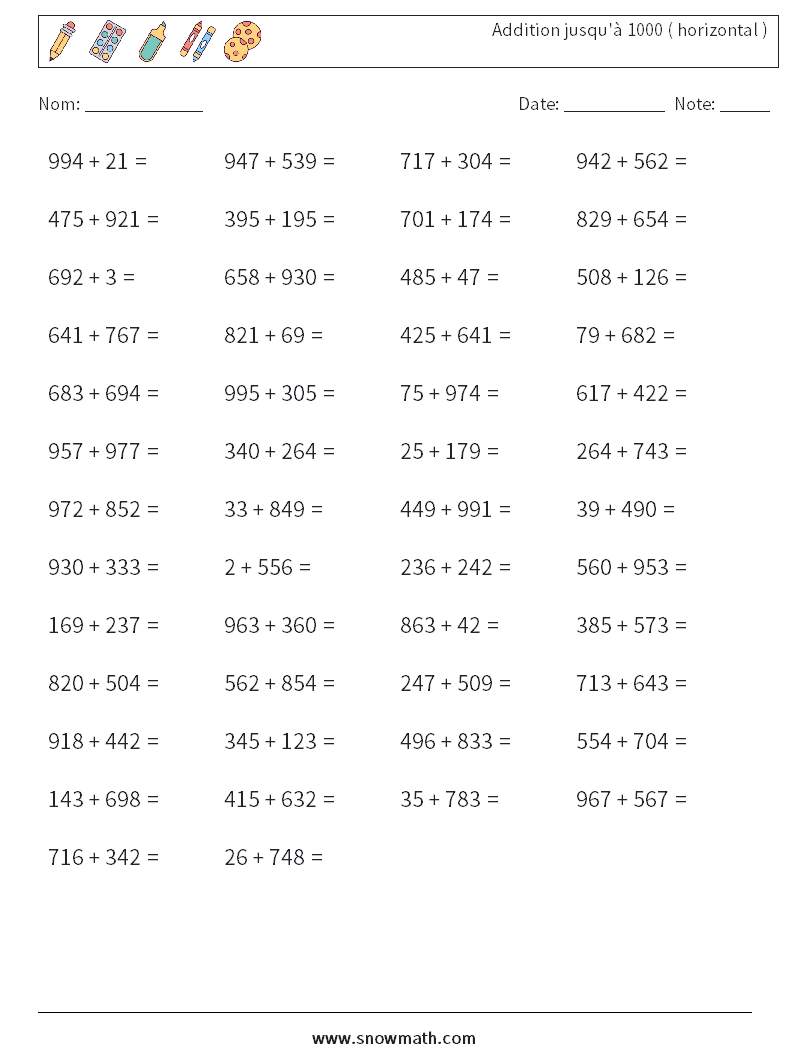 (50) Addition jusqu'à 1000 ( horizontal ) Fiches d'Exercices de Mathématiques 6