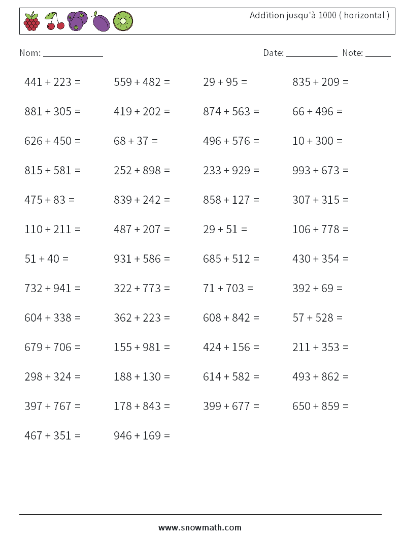 (50) Addition jusqu'à 1000 ( horizontal ) Fiches d'Exercices de Mathématiques 7