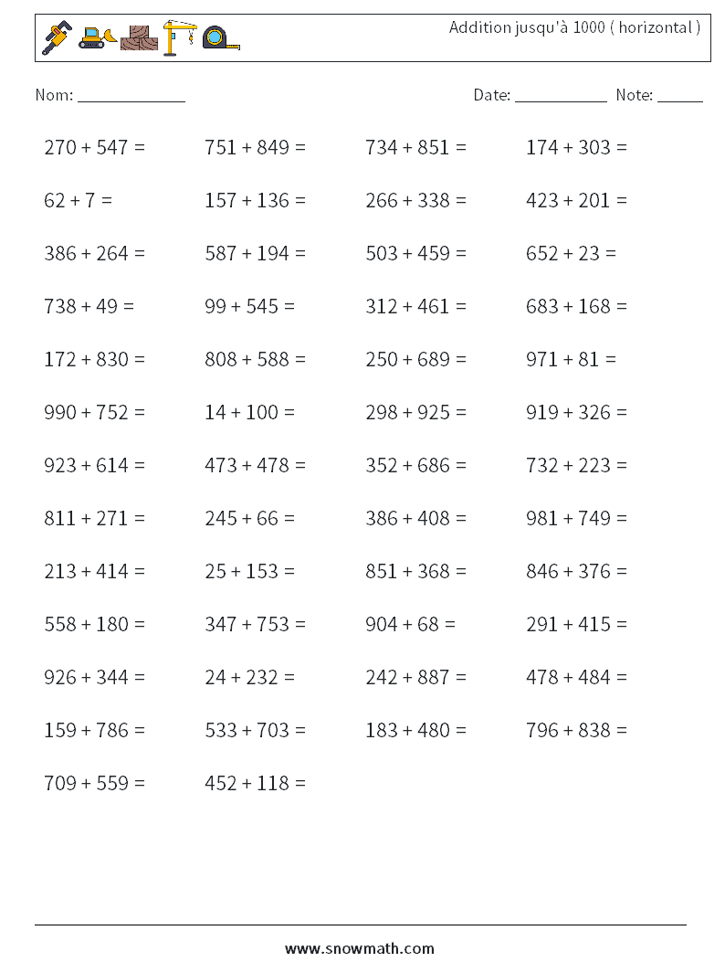 (50) Addition jusqu'à 1000 ( horizontal ) Fiches d'Exercices de Mathématiques 8
