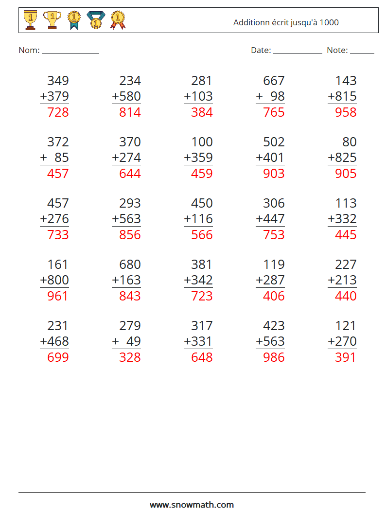 (25) Additionn écrit jusqu'à 1000 Fiches d'Exercices de Mathématiques 12 Question, Réponse