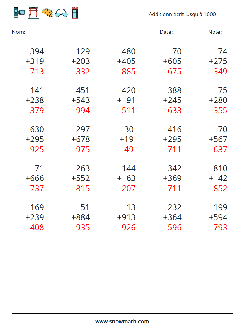 (25) Additionn écrit jusqu'à 1000 Fiches d'Exercices de Mathématiques 13 Question, Réponse