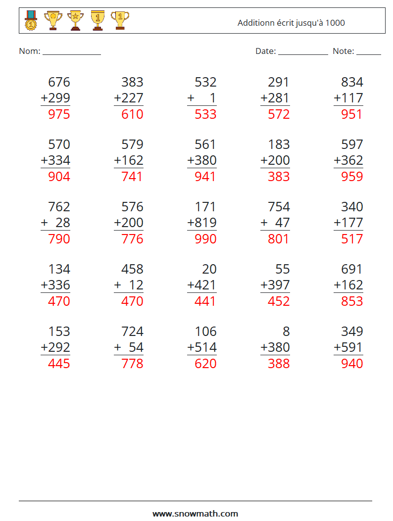 (25) Additionn écrit jusqu'à 1000 Fiches d'Exercices de Mathématiques 17 Question, Réponse