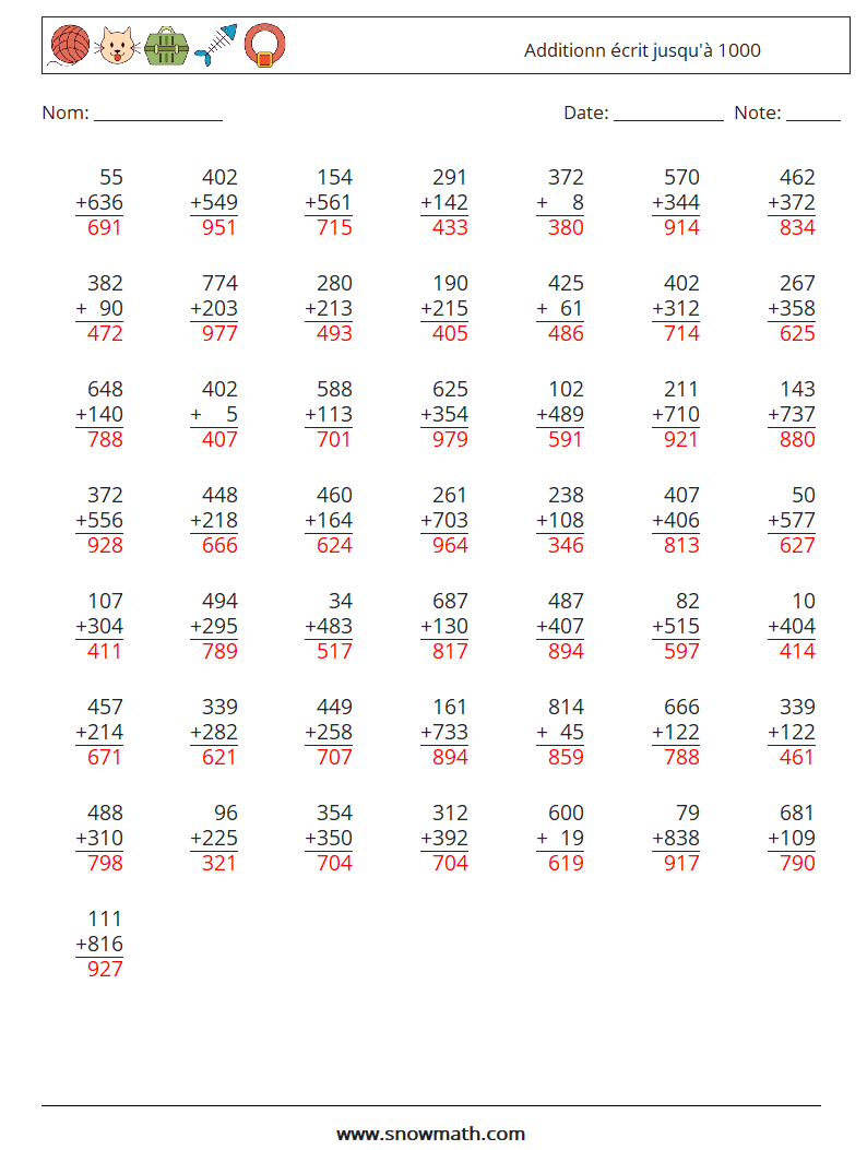 (50) Additionn écrit jusqu'à 1000 Fiches d'Exercices de Mathématiques 11 Question, Réponse