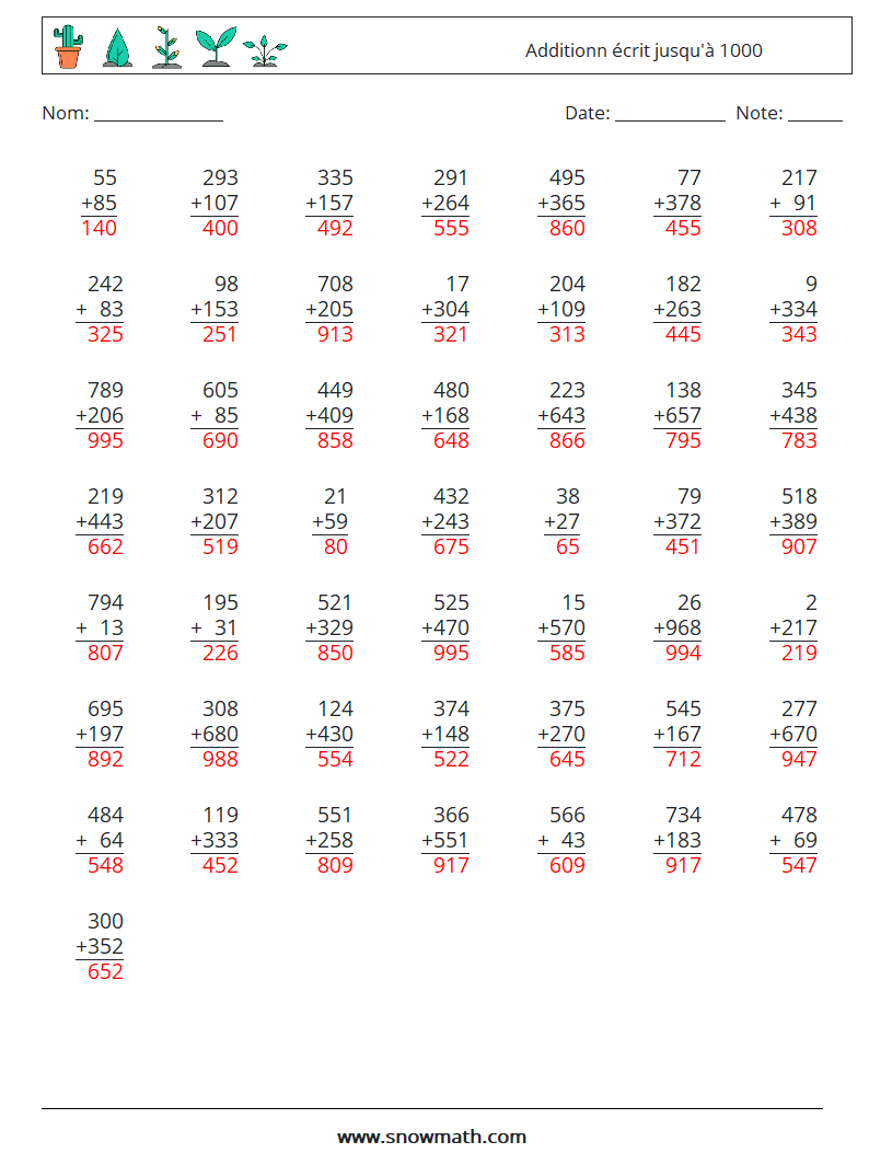 (50) Additionn écrit jusqu'à 1000 Fiches d'Exercices de Mathématiques 12 Question, Réponse