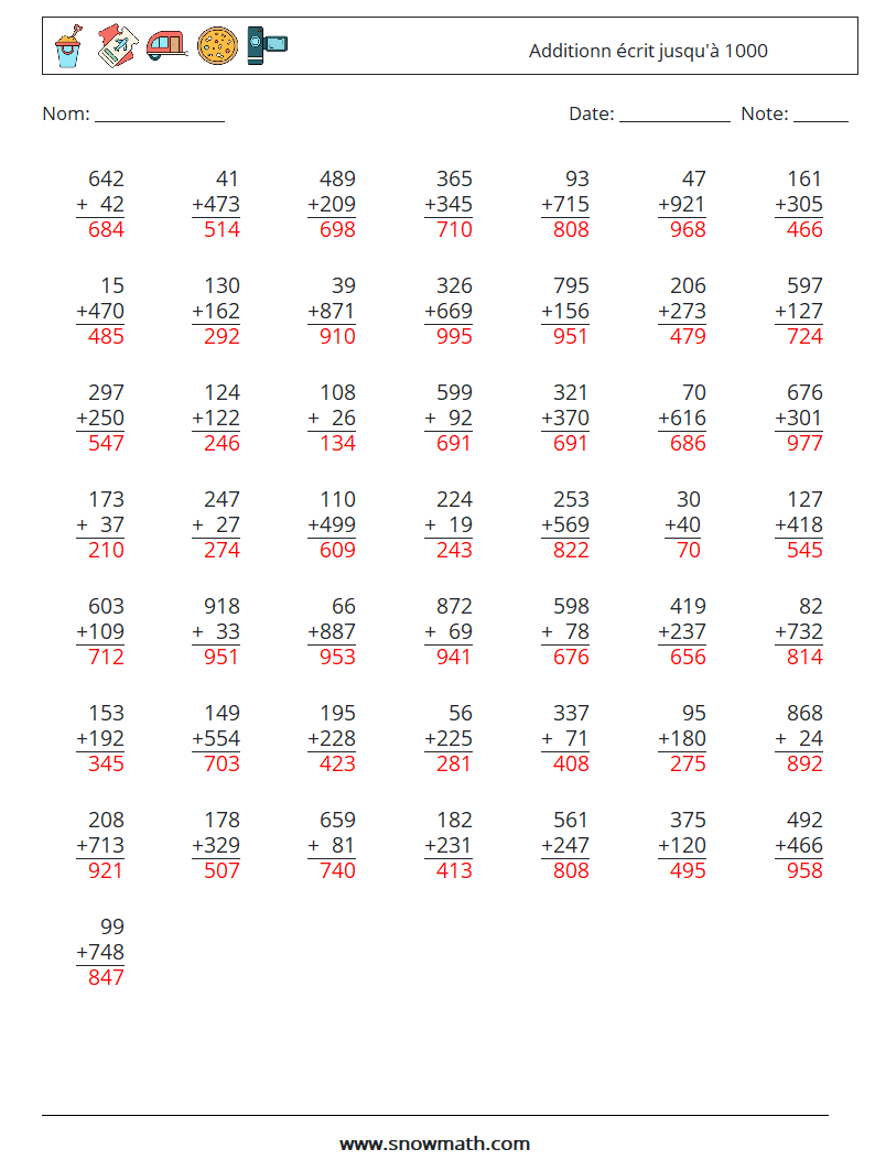 (50) Additionn écrit jusqu'à 1000 Fiches d'Exercices de Mathématiques 14 Question, Réponse